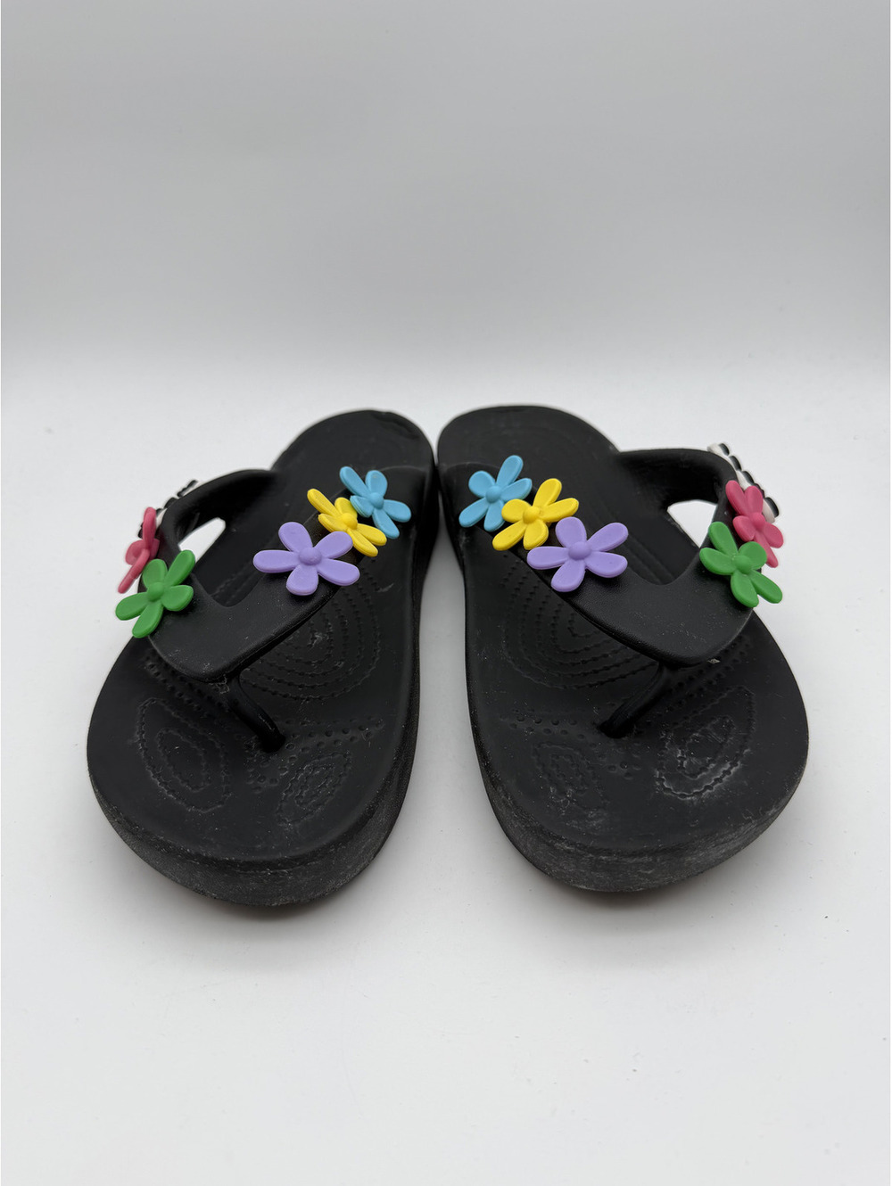 Crocs Women's Black Flip Flop Sandals with Colorful Flower Decorations Size 9